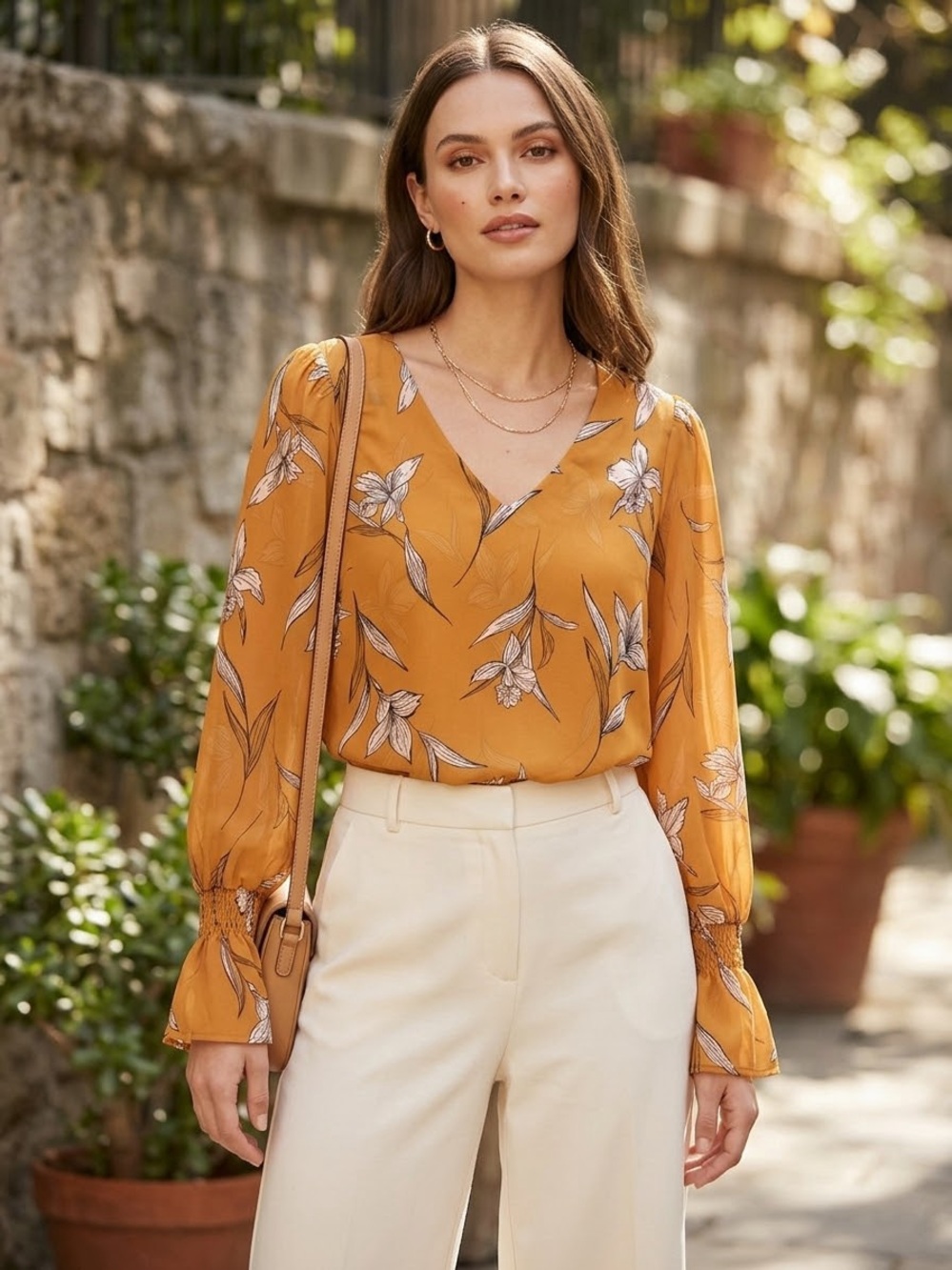 a new day Mustard Floral V-Neck Long-Sleeve Blouse